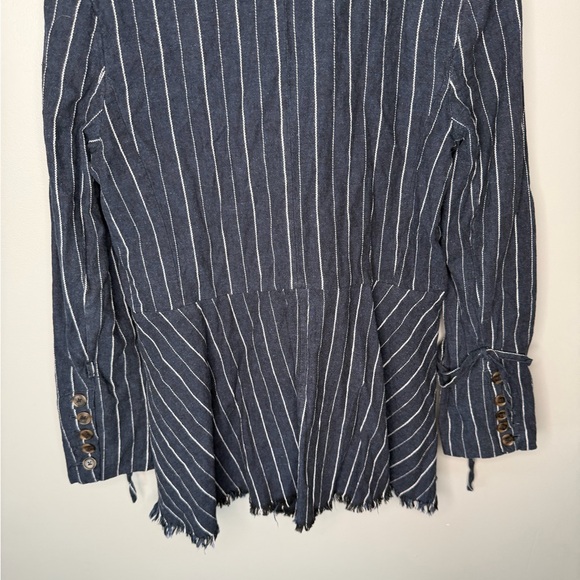 Free People Coat Jacket Stella Blazer Linen Fringed Hem - Navy Stripe - Picture 9 of 11
